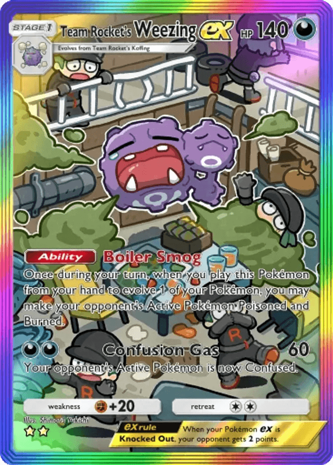 Thẻ Team Rocket's Weezing ex do Shimaris Yukichi minh họa